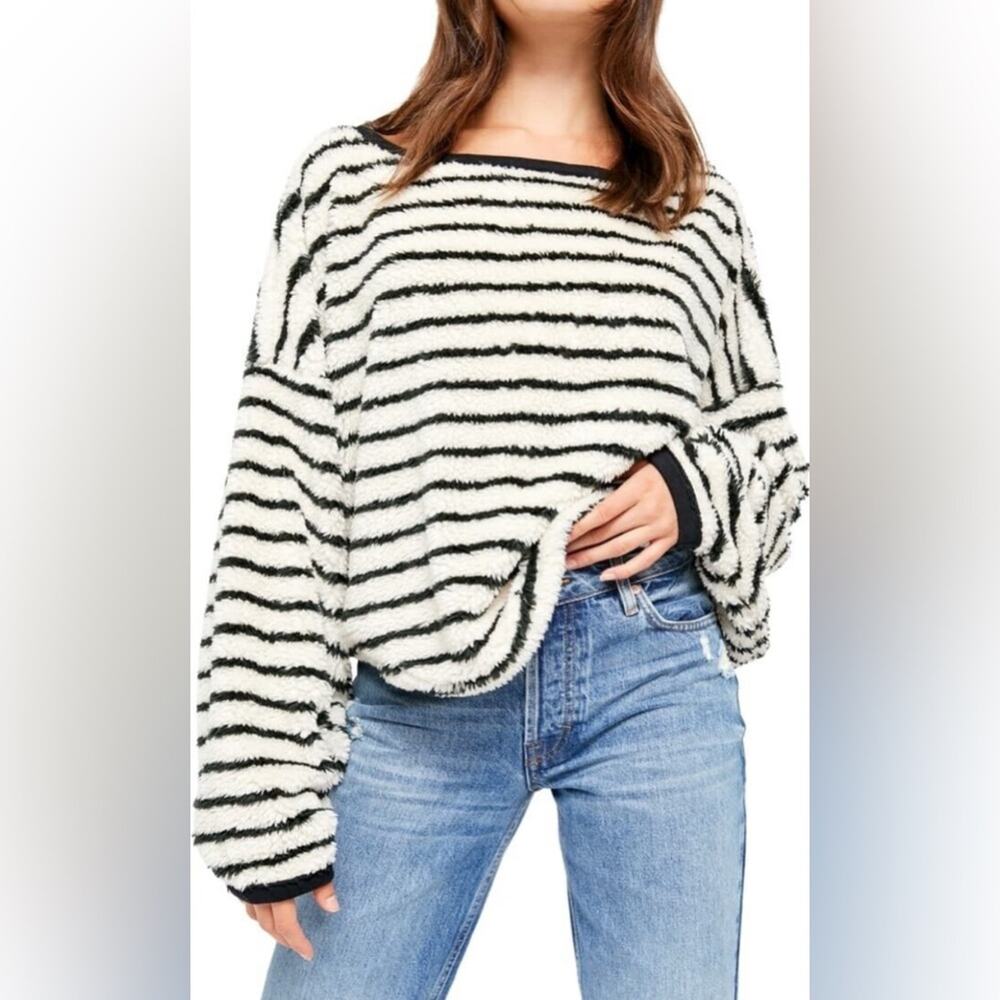 Free People Breton Striped Pullover cropped fuzzy long sleeve sweater